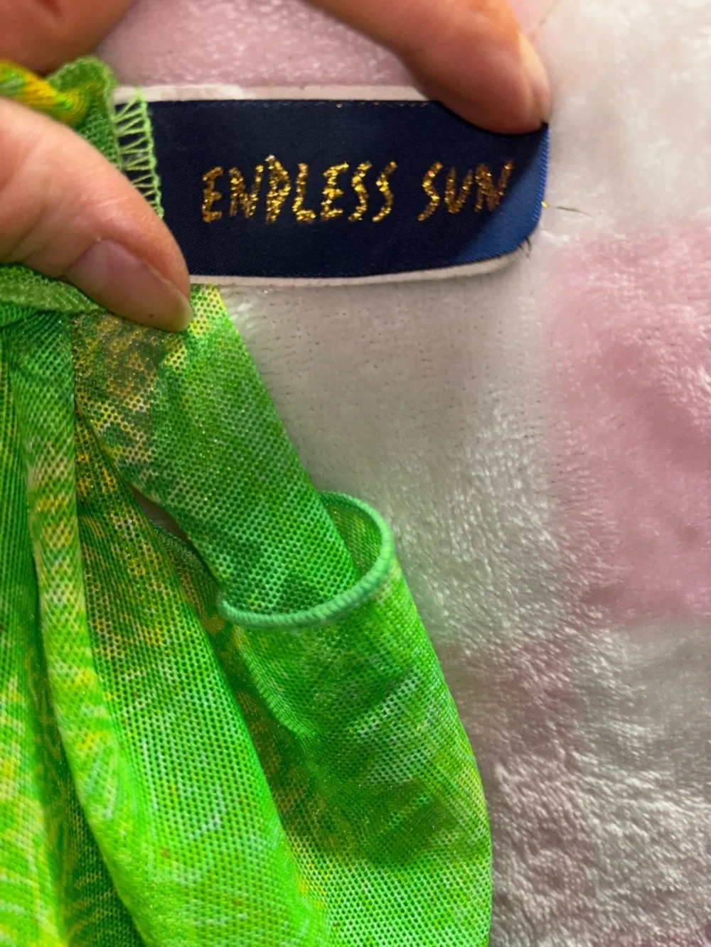 Vintage Endless Sun Green Sheer Mesh Top Patchwork Print Size Small